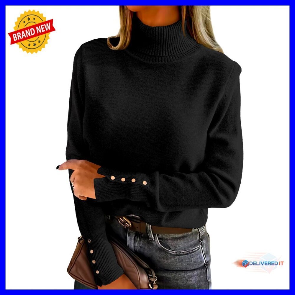 Turtleneck Pullover Sweater Knitted Button Cuff Elegant Minimal Chic Fall Winter